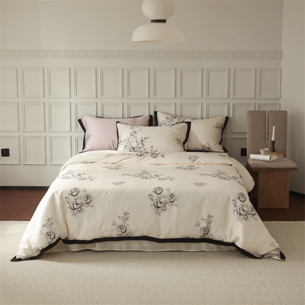 初拾 2024新款60支奥地利兰精天丝数码印花四件套-素描系列 天丝-黑玫