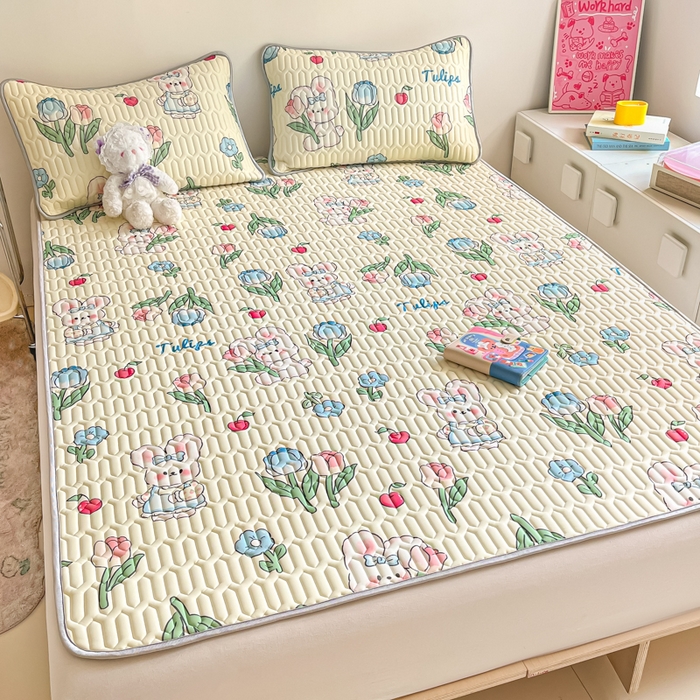 91家纺网 家纺一手货源 找家纺 沐慕 2024新款小清新印花乳胶凉席 郁金香小兔