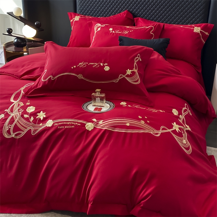 91家纺网 家纺一手货源 找家纺 宅家居 2024新款磨毛亲肤棉婚庆刺绣花四件套 锦上添花