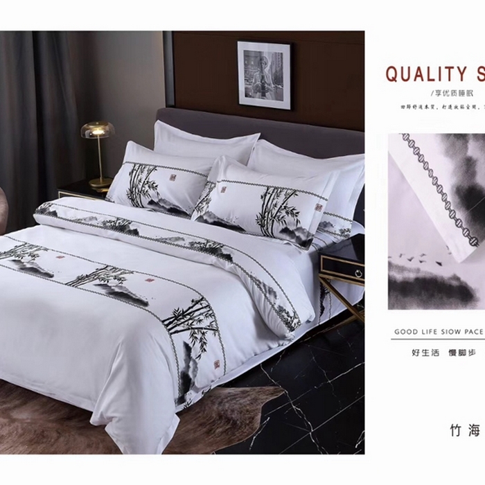 91家纺网 家纺一手货源 找家纺 宜眠家纺 40支60支全棉贡缎印花四件套纯棉四件套酒店四件套 竹海