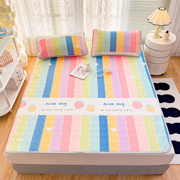 91家纺网 家纺一手货源 找家纺 贝拉梦家纺 2024新款乳胶凉席印花款三件套 彩虹莓莓