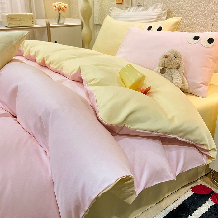 91家纺网 家纺一手货源 找家纺 艾米家居 2025新款水洗真丝大眼睛系列四件套 粉+黄