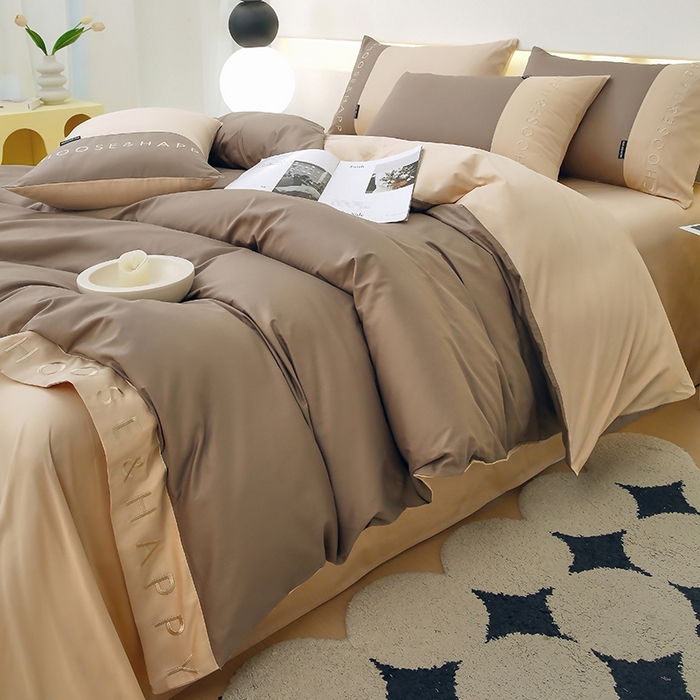 91家纺网 家纺一手货源 找家纺 2024新款简约家居.刺绣纯色拼色四件套--伊可系列 伊可-奶咖色+饼干色