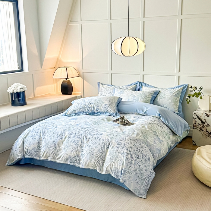 91家纺网 家纺一手货源 找家纺 棉生活 2024新款铂金棉高支数码印花四件套 浅夏木语