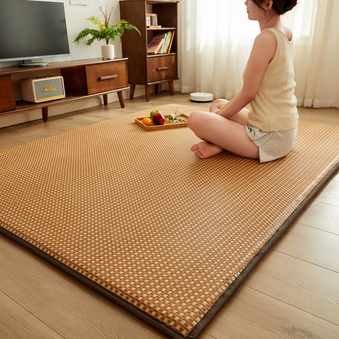 91家纺网 家纺一手货源 找家纺 祁恋婷家居 2024新款日式榻榻米冰藤午睡垫-大床 经典格-咖色