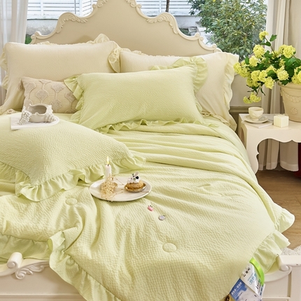 米菲 2024新款泡泡棉纯色花边款夏被夏被四件套 芥末绿