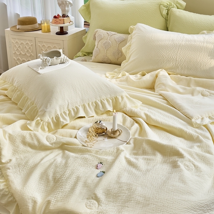 91家纺网 家纺一手货源 找家纺 米菲 2024新款泡泡棉纯色花边款夏被夏被四件套 奶昔-米