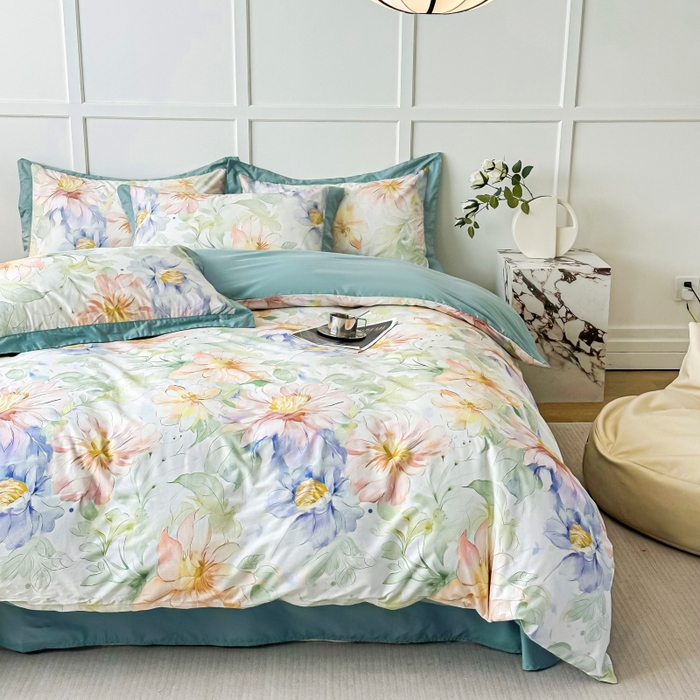 91家纺网 家纺一手货源 找家纺 棉生活 2024新款铂金棉高支数码印花四件套 花的旅程