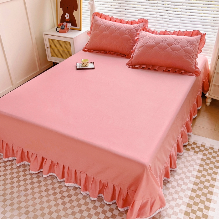 91家纺网 家纺一手货源 找家纺 情煊家纺 2024新款全棉斜纹花边床单系列-纯色款 粉玉