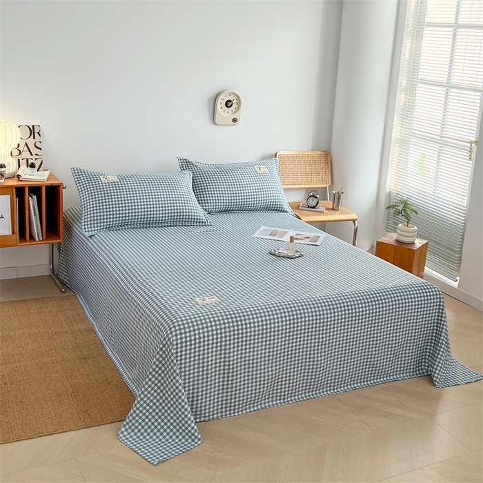 91家纺网 家纺一手货源 找家纺 梦舒羽 2025新款水洗棉麻单层床单 小格-蓝