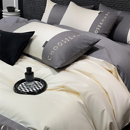 91家纺网 家纺一手货源 找家纺 凯磊 2024新款简约家居.刺绣纯色拼色四件套--伊可系列（拍法一） 峰白+绅灰