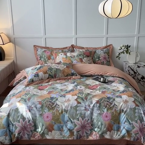 91家纺网 家纺一手货源 找家纺 棉生活 2024新款铂金棉高支数码印花四件套 花的嫁纱