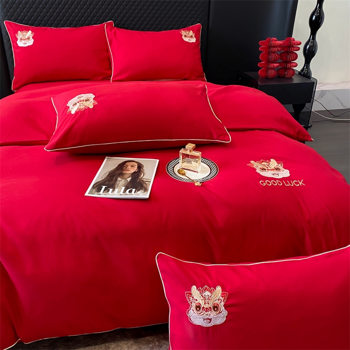 91家纺网 家纺一手货源 找家纺 宅家居 2024新款磨毛亲肤棉婚庆刺绣花四件套 齐乐龙龍