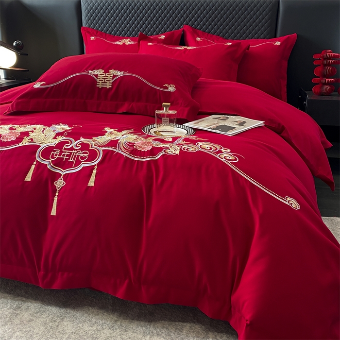 91家纺网 家纺一手货源 找家纺 宅家居 2024新款磨毛亲肤棉婚庆刺绣花四件套 龙凤呈祥