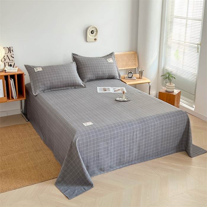 91家纺网 家纺一手货源 找家纺 梦舒羽 2025新款水洗棉麻单层床单 线条格-深灰