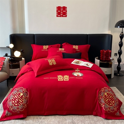 91家纺网 家纺一手货源 找家纺 （总）宅家居 2024新款磨毛亲肤棉婚庆刺绣花四件套