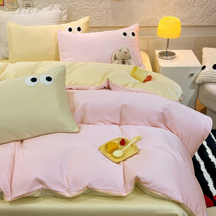 91家纺网 家纺一手货源 找家纺 艾米家居 2025新款水洗真丝大眼睛系列四件套 粉+黄