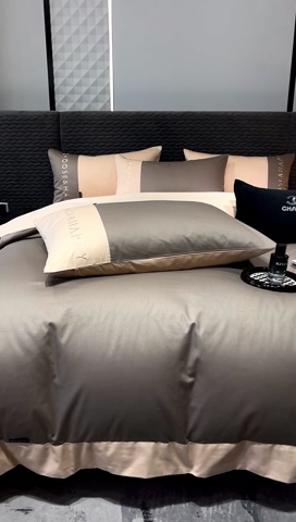 91家纺网 家纺一手货源 找家纺 凯磊 2024新款简约家居.刺绣纯色拼色四件套--伊可系列（拍法一） 奶咖色+饼干色