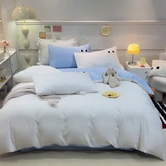 91家纺网 家纺一手货源 找家纺 艾米家居 2025新款水洗真丝大眼睛系列四件套 白+ 蓝