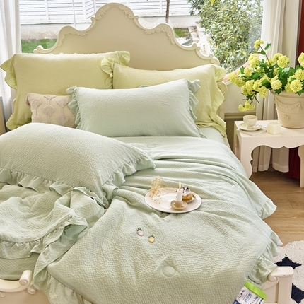 米菲 2024新款泡泡棉纯色花边款夏被夏被四件套 松石绿