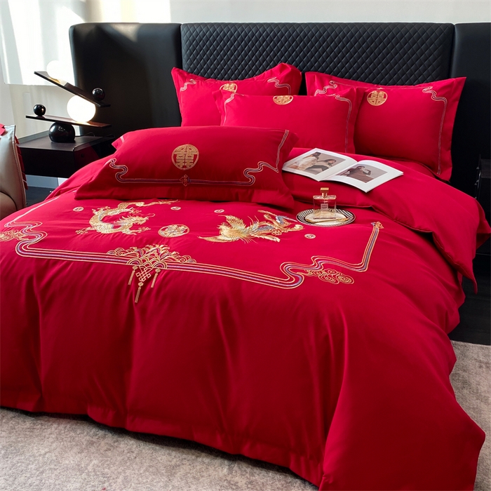 91家纺网 家纺一手货源 找家纺 宅家居 2024新款磨毛亲肤棉婚庆刺绣花四件套 幸福龙凤