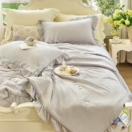 米菲 2024新款泡泡棉纯色花边款夏被夏被四件套 暮云灰