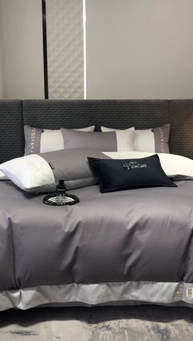 91家纺网 家纺一手货源 找家纺 凯磊 2024新款简约家居.刺绣纯色拼色四件套--伊可系列（拍法一） 绅灰+罗卡灰