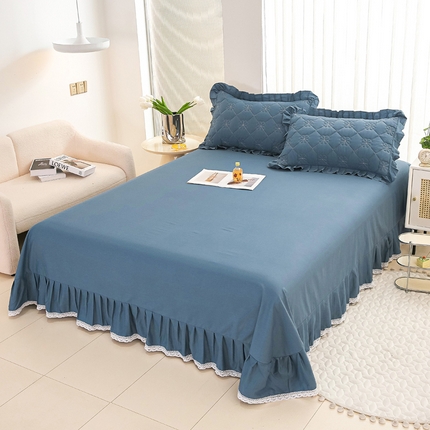 情煊家纺 2024新款全棉斜纹花边床单系列-纯色款 灰蓝
