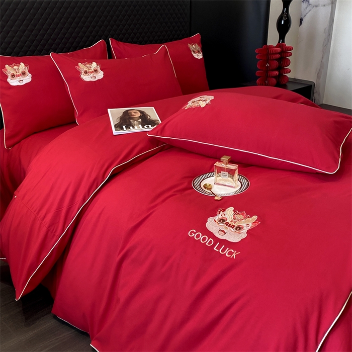 91家纺网 家纺一手货源 找家纺 宅家居 2024新款磨毛亲肤棉婚庆刺绣花四件套 齐乐龙龍