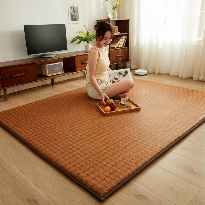 91家纺网 家纺一手货源 找家纺 祁恋婷家居 2024新款日式榻榻米冰藤午睡垫-大床 九方格-咖色