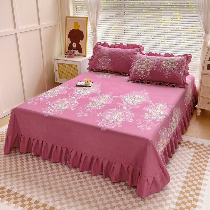 91家纺网 家纺一手货源 找家纺 情煊家纺 2024新款全棉斜纹花边床单系列-印花款 锦绣花期-豆沙