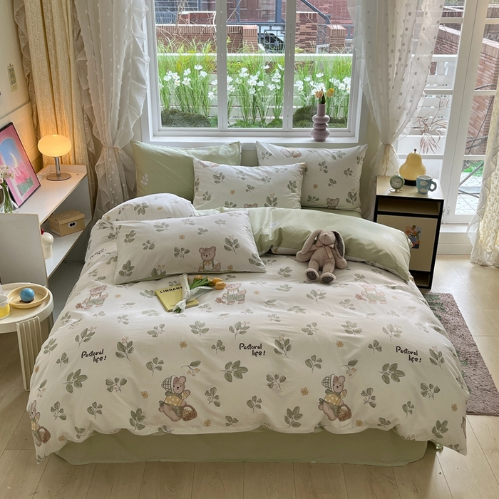 91家纺网 家纺一手货源 找家纺 红馆 2025年全棉12868印花系列四件套米粒熊