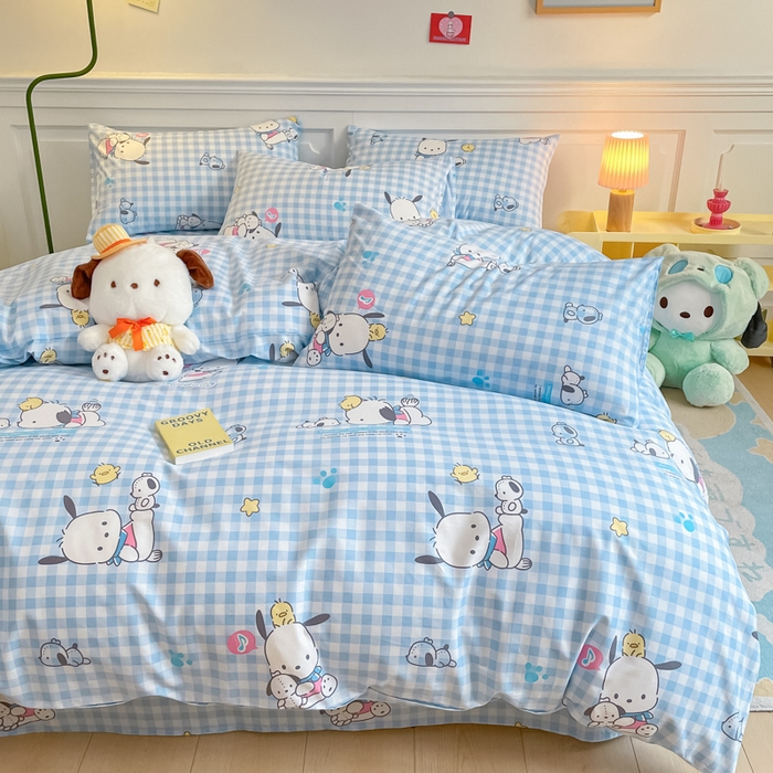 91家纺网 家纺一手货源 找家纺 博雅 2024新款全棉三丽鸥卡通四件套-AA版帕恰狗 蓝格帕恰狗