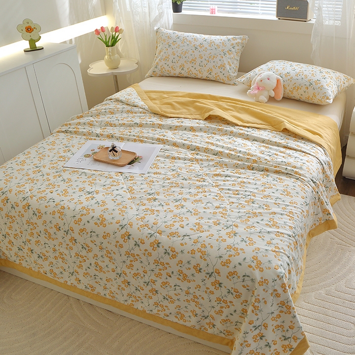 91家纺网 家纺一手货源 找家纺 金柚子2024新款全棉印花夏凉被 春风佛面-黄