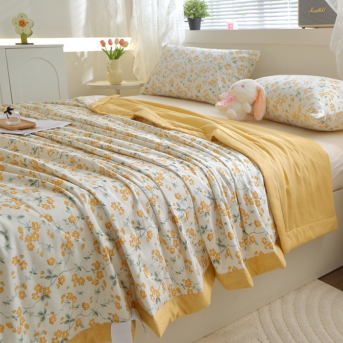 91家纺网 家纺一手货源 找家纺 金柚子2024新款全棉印花夏凉被 春风佛面-黄