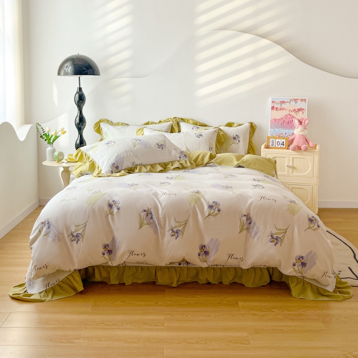 91家纺网 家纺一手货源 找家纺 子曰 2024新款印花素色花边床盖三件套四件套 君子兰