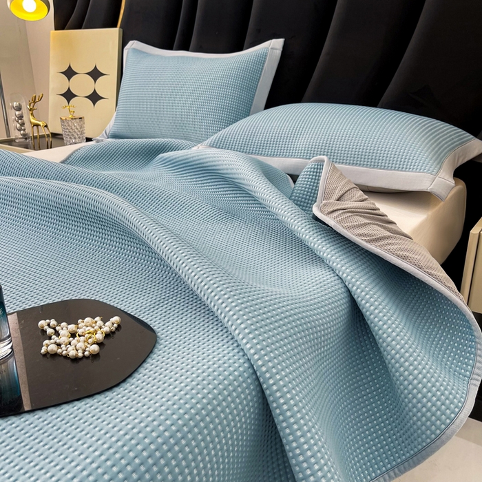 91家纺网 家纺一手货源 找家纺 慕尚 2025新款华夫格床笠凉席 华夫格蓝