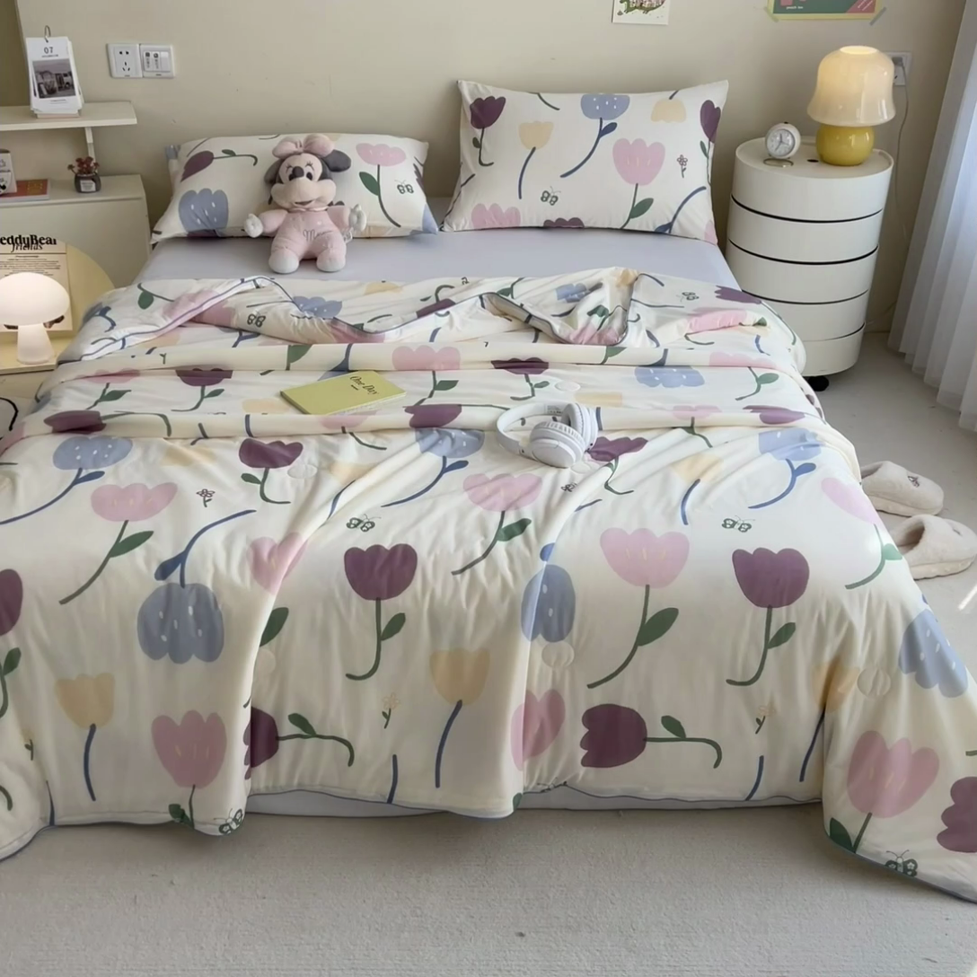 91家纺网 家纺一手货源 找家纺 米菲 2024新款A类凉感丝印花夏被夏凉被被芯 郁金香