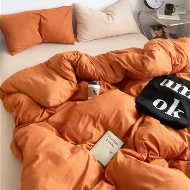 91家纺网 家纺一手货源 找家纺 思诺羽床笠 2024新款水洗棉纯色混搭四件套系列 落日橙+卡其