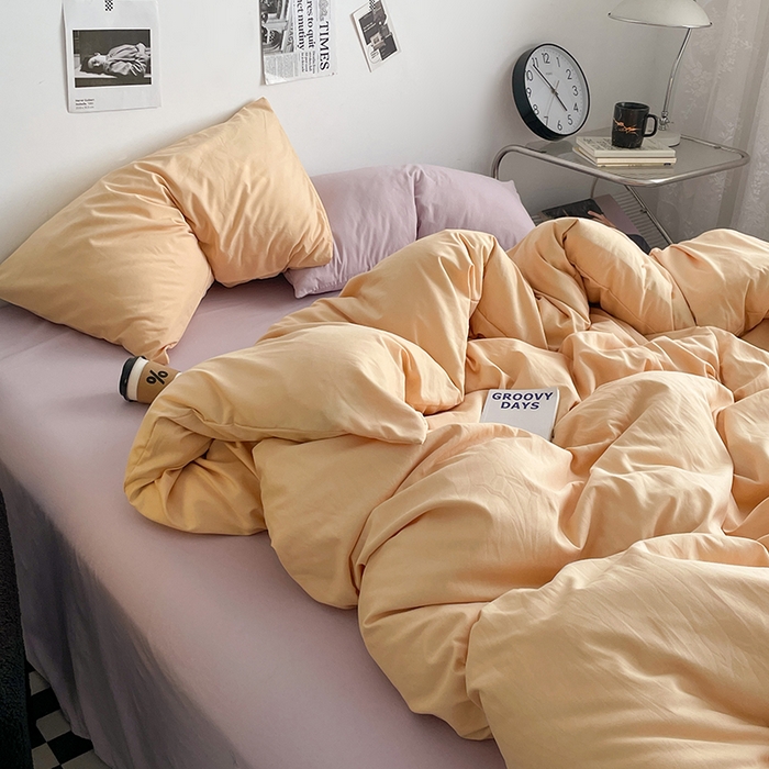 91家纺网 家纺一手货源 找家纺 思诺羽床笠 2024新款水洗棉纯色混搭四件套系列 碳烤起司+浪漫紫