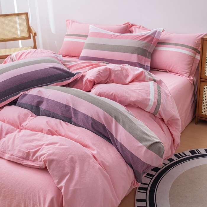 91家纺网 家纺一手货源 找家纺 喜四方 2024新款色织全棉水洗棉四件套贝加莫-粉