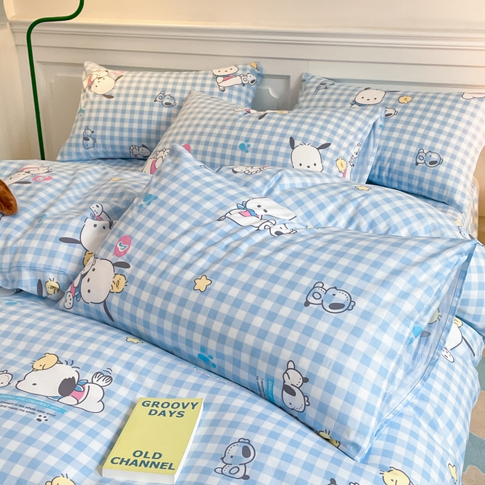 91家纺网 家纺一手货源 找家纺 博雅 2024新款全棉三丽鸥卡通四件套-AA版帕恰狗 蓝格帕恰狗