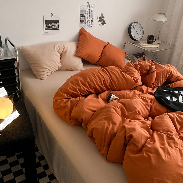 91家纺网 家纺一手货源 找家纺 思诺羽床笠 2024新款水洗棉纯色混搭四件套系列 落日橙+卡其