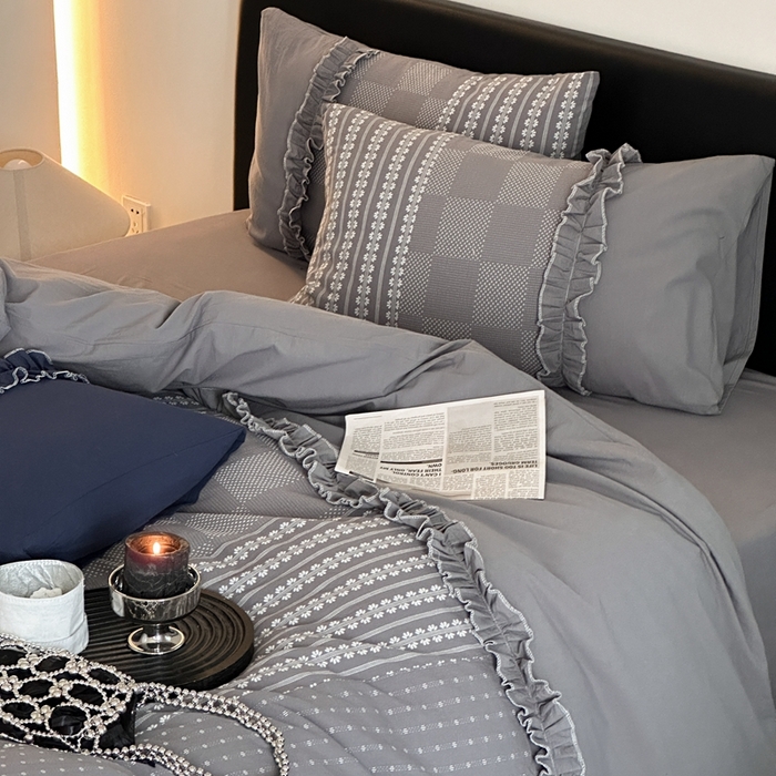 91家纺网 家纺一手货源 找家纺 旷野 2024新款全棉色织双面提花四件套-南法 南法—冰川灰