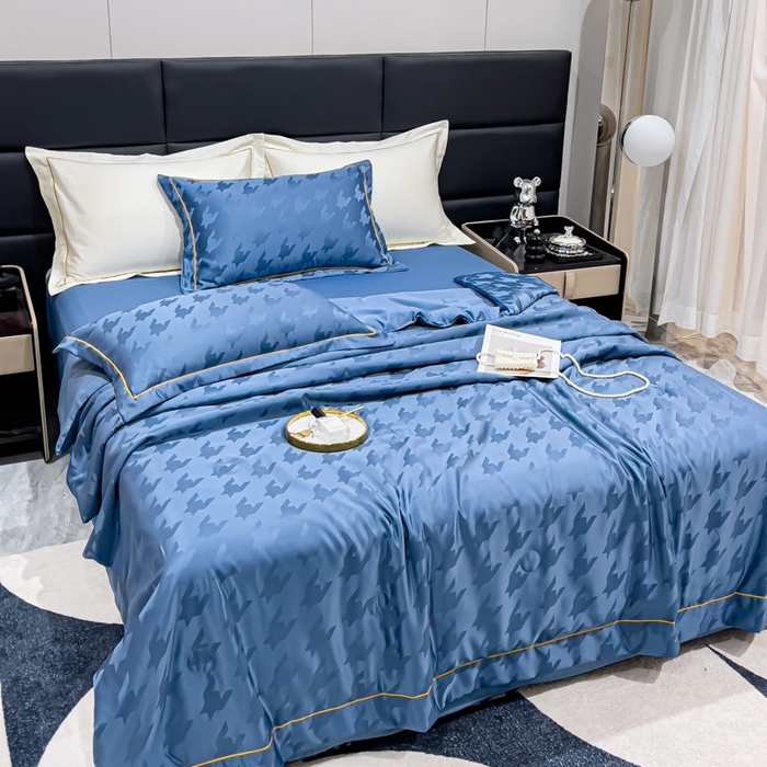 91家纺网 家纺一手货源 找家纺 丽卡家纺 2024新款水洗天丝夏被四件套-千鸟格 千鸟格-宾利蓝