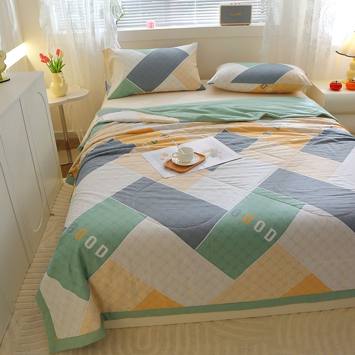 91家纺网 家纺一手货源 找家纺 金柚子2024新款全棉印花夏凉被 街角咖啡-绿