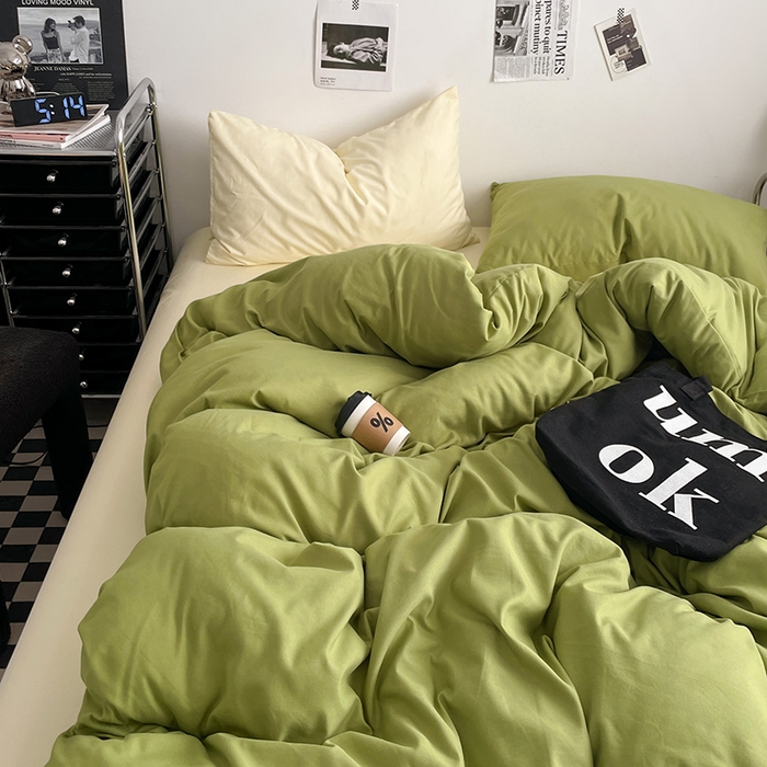 91家纺网 家纺一手货源 找家纺 思诺羽床笠 2024新款水洗棉纯色混搭四件套系列 牛油果绿+奶油黄