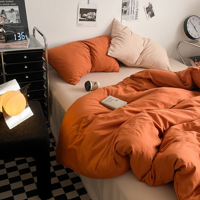 91家纺网 家纺一手货源 找家纺 思诺羽床笠 2024新款水洗棉纯色混搭四件套系列 落日橙+卡其