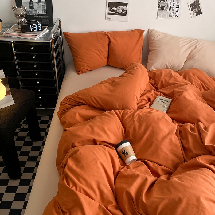 91家纺网 家纺一手货源 找家纺 思诺羽床笠 2024新款水洗棉纯色混搭四件套系列 落日橙+卡其
