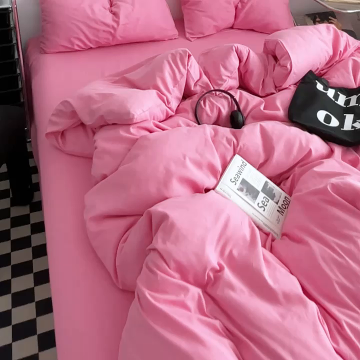 91家纺网 家纺一手货源 找家纺 思诺羽床笠 2024新款水洗棉纯色混搭四件套系列 树莓粉